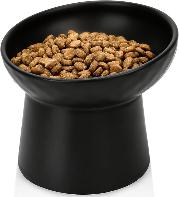 YauYik Raised Cat Bowl Black, Elevated Cat Food Bowls with Tilted Angle, Stress Free, Anti Vomiting, Ceramic Water Bowl for Cats Small Dogs Feeding Dish, 8 Ounces by YAUYIK