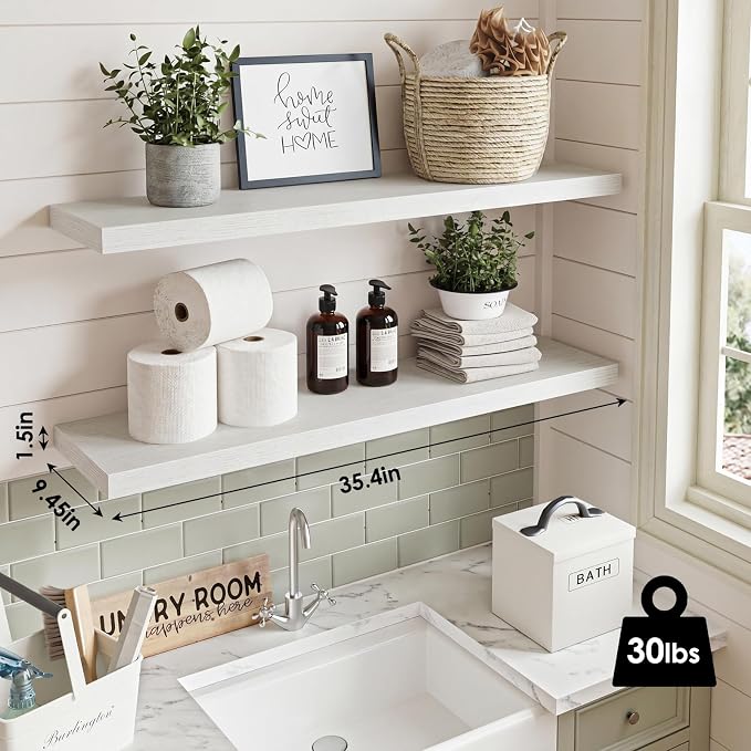Fixwal Floating Wall Shelves for Decor (White, Set of 2, 35.4Inch) | MDF Shelf with Metal Brackets, Space Saving for Books , Decor, Fits Bathroom, Kitchen, Bedroom, or Office - Image 3