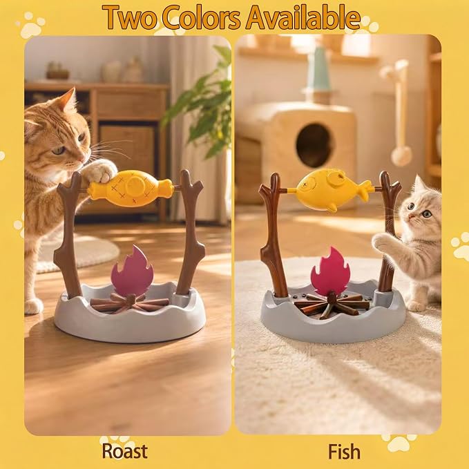 Cat Slow Feeder, Interactive Cat Puzzle Toy Treat Dispenser - BBQ Campfire Grill Design, Adjustable Rotating Fish Flame Mental Stimulation Food Dispensing Toy for Indoor Cats Kittens-Fat Fish - Image 6