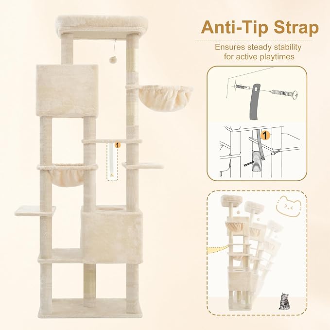 Heybly Cat Tree, 76-Inch Tall Heavy Duty Cat Tower for Big Cats HCT039M | Multi-Level Large Cat Furniture with Extra Wide Baseboard, 2 Condos & 2 Hammocks, 10 Scratching Posts, Beige - Image 9