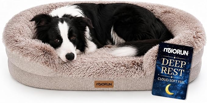 Miorun Fluffy Orthopedic Dog Beds Large Sized Dog, 40" Bolster Sofa Bed | Soft plush faux fur,lowered entry,washable cover,waterproof liner,claming dog couch for x-large dogs,supportive bolster by Miorun
