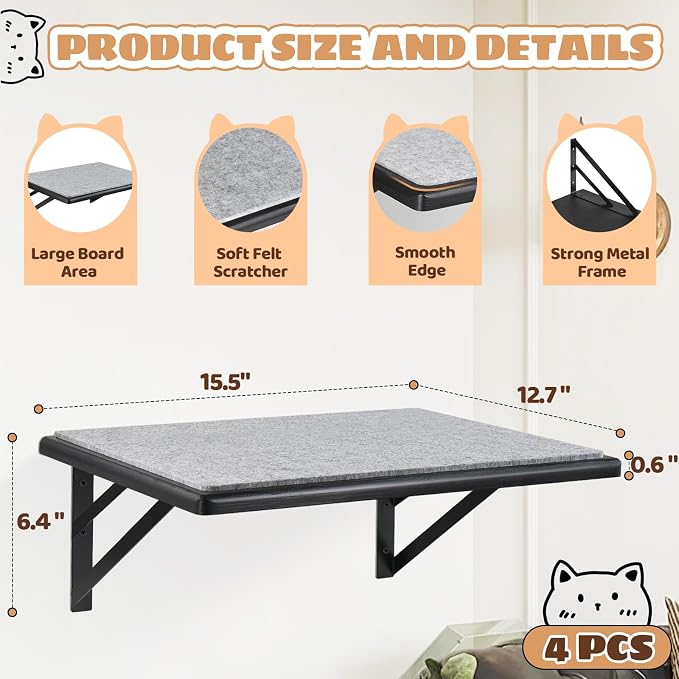 Cat Wall Shelves Set of 4, Purrfect Cat Furniture Set - 4 Piece Wooden Wall Shelves with Scratching Pad, Sleeping & Playing Area, Window Perch for Large Cats - Black - Image 7