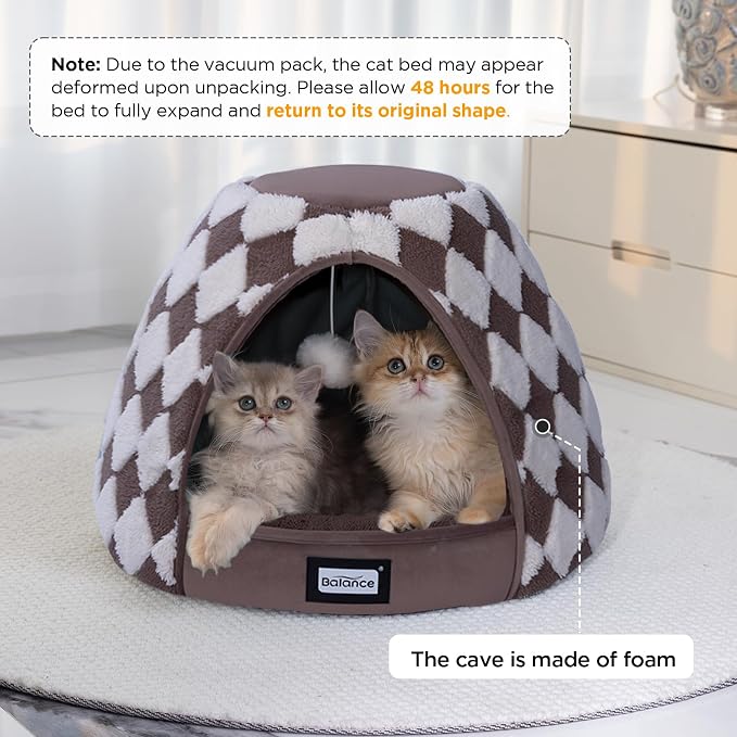 BALANCE Cat Beds for Indoor Cats, 2-in-1 Cat Bed Cave with Anti-Slip Bottom and Ultra-Soft Plush, Cozy Cats House Tent for Kittens and Small Dogs, 19 Inches, Dark Brown - Image 2