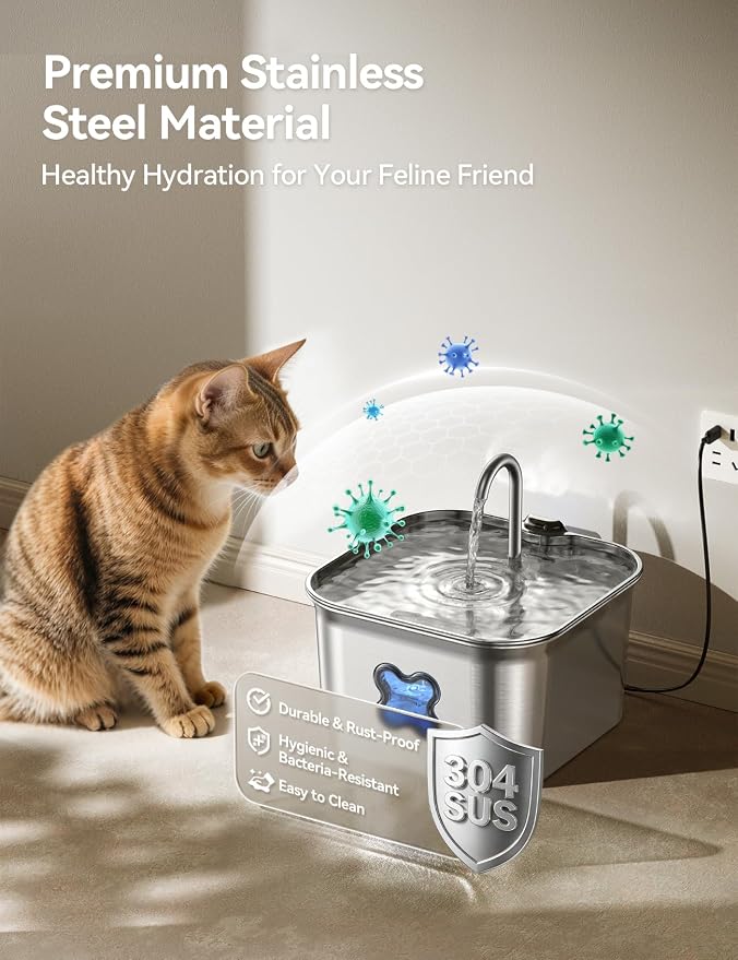 FEELNEEDY Cat Water Fountain, 304 Stainless Steel - 95oz/2.8L Faucet-Style Pet Drinking Fountain for Cats & Small Dogs, Ultra-Quiet <20dB, Dishwasher Safe, 4-Stage Filtration & Water Level Window - Image 2
