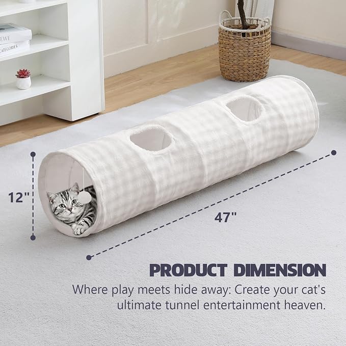 Straight Bubble Cat Tunnel for Indoor Cats 47"x12", Cream White | Cute Cat Toys, Collapsible Tunnel Tube with Hanging Balls for Puppy Kitten Rabbit - Image 4