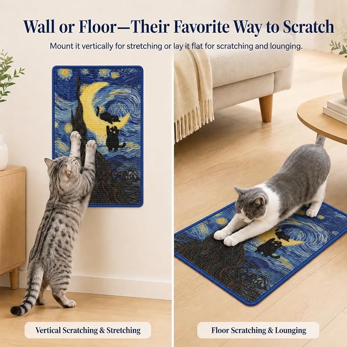 Art Sisal Cat Scratcher Mat, Cat Wall Scratchers for Indoor Cats | Wall Mounted Cat Scratcher, Natural Sisal, No-Drill Hook & Loop Setup, Floor or Wall Use, 23.6 x 15.7 Inch, Starry Night 2 - Image 7