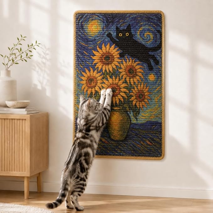 Art Sisal Cat Scratcher Mat, Cat Wall Scratchers for Indoor Cats | Wall Mounted Cat Scratcher, Natural Sisal, No-Drill Hook & Loop Setup, Wall or Floor Use, 23.6 x 15.7 Inch, Sunflower by LESISSMER