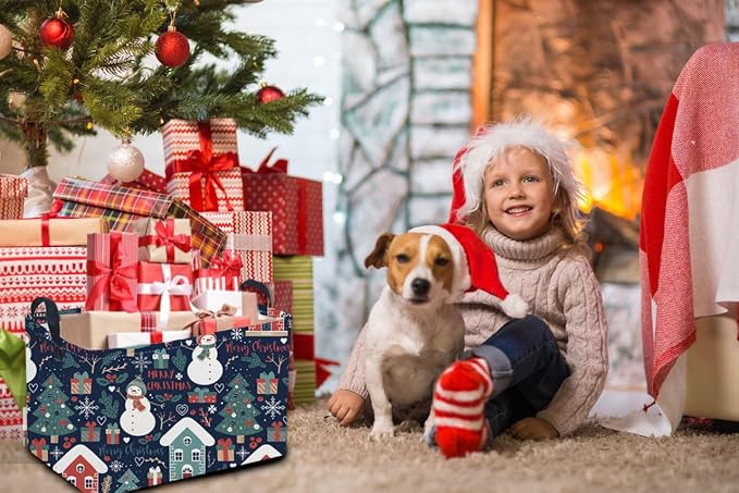 Rectangular Christmas Baskets,Snowman Basket Empty,Waterproof PE Coating Cute Bins for Kids with Handles,Gifts Baskets,Books Bin. (Blue Snowman) - Image 6
