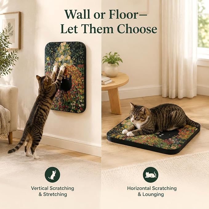Cat Wall Scratcher, Art Cat Scratching Board for Indoor Cats | Wall Mounted Cat Scratch Pad, Water-Based Ink, Hook&Loop Strips, Floor or Wall Use, 16.7x11x1 Inch, Flower Garden - Image 5