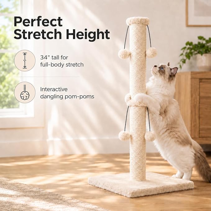 Dimaka 34'' Cat Scratching Post, Cat Scratching Post, Cat Scratcher for Large Cats with Teasing Toy Ball, Natural Sisal White and Grey (Beige) - Image 6