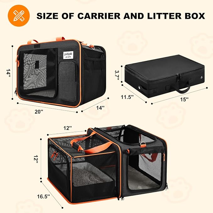 Pidipiti 20x14x14 Expandable car Travel Carrier, with Portable Litter Box | for 1 medium cat,large pet cage or kennel for long road trip,leakproof,with zipper lock,many pockets,good Visibility - Image 2
