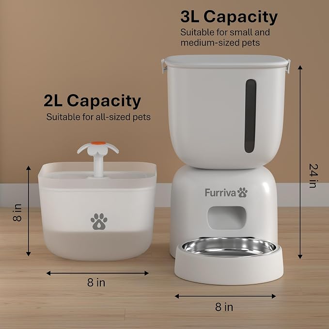 Automatic Cat Feeder and Water Fountain Set, White - 3L Food and Water Dispenser, Locking Lid, Plug-in/Battery Powered, Programmable Portions, 4 Meals/Day, 10s Voice Recorder for Cats and Small Dogs - Image 6