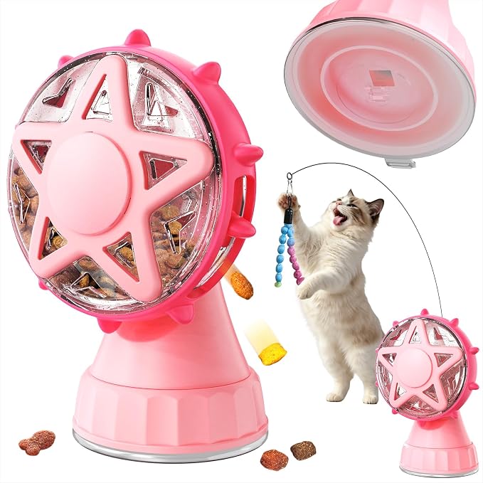 Interactive Cat Treat Dispenser Toy, 2-in-1 Slow Feeder & Wand Pink | Boredom Buster, Mental Stimulation, Puzzle Toy, Adjustable Slow Feeder, Suction Cup, Enrichment, Indoor Cats & Small Dogs by Monotre