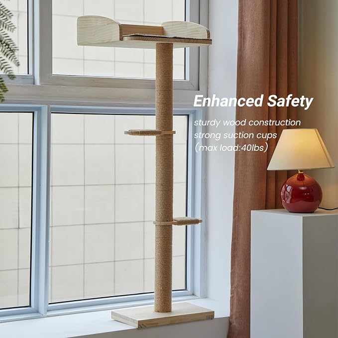 Cat Window Perch with Tall Scratching Posts, Inside 48 in Tall Climbing Tree Hammmock Mounted with Suction Cups for Climbing, Bird Watching, and Play, Supports 45 lbs - Image 6