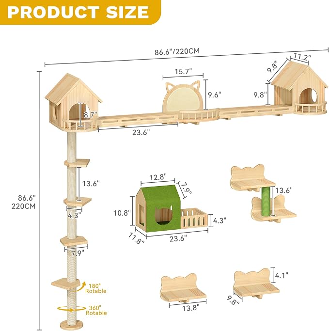 DWVO Solid Wood Cat Wall Shelves and Perches | Wall Mounted Cats Furniture Climbing Shelves for Large Cats with Scratching Posts, Steps, Runway, Scratching Board - Image 3