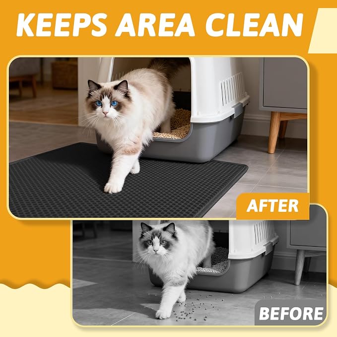 Pieviev Kitty Litter Mat, Double-Layer Waterproof Design, 30" x 24" Black | Honeycomb Litter Box Mat Catches Scattered Particles to Stop Tracking, Urineproof Base protects Floors, Easy to Clean - Image 5