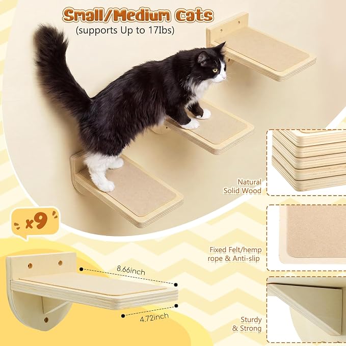 SiliFine Set of 9 Natural Wood Color Cat Wall Stairs, Climbing Steps, Cat Wall Shelves Perch with Fixtures and Felt 8.7"x4.7" Stairs Natural Birch Wooden | Floating Steps for Playing Climbing - Image 2