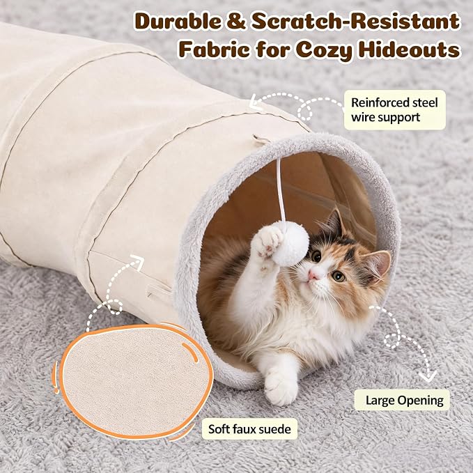 Ownpets S-Shape Cat Tunnel Toy 48"L x 12"D, for Cats, Puppies & Small Pets | Collapsible for storage, tear-resistant oxford fabric, connects to other tunnel, with peek hole, feather wand, indoor/outdoor - Image 3