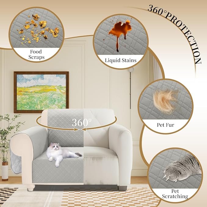 Velvet 100% Waterproof Chair Covers for Living Room Sofa Armchair Cover Washable Couch Arm Chair Slipcovers for Dogs Non Slip Quilted Furniture Protector with Pockets (Small, Light Grey) - Image 5