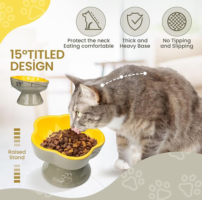 S&Q's CERAMICS Raised Cat Bowl, Elevated Cat Bowl for Food and Water, Ceramic Titled Dish, Anti Vomit & Whisker Friendly, Microwave and Dishwasher Safe (Yellow, 5.8") - Image 4
