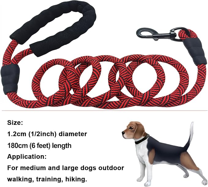 MayPaw 6ft Rope Dog Leash for Large Medium Dogs Soft Handle Dog Lead | 1/2-In Thick Lead, Soft Padded Handle Strong Nylon Pet Leash, 14+ Colors (1/2" * 6', Red Black) - Image 4