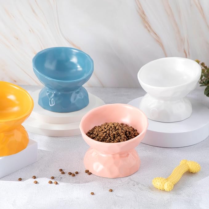 4 Pcs Ceramic Raised Cat Bowl 6.8 oz Pet Food Bowl Anti Vomiting Pet Elevated Dog Feeder Tilted Cat Water Bowl Feeding Kitten Dishes for Small Dog Kitten(White, Yellow, Blue, Pink) - Image 4