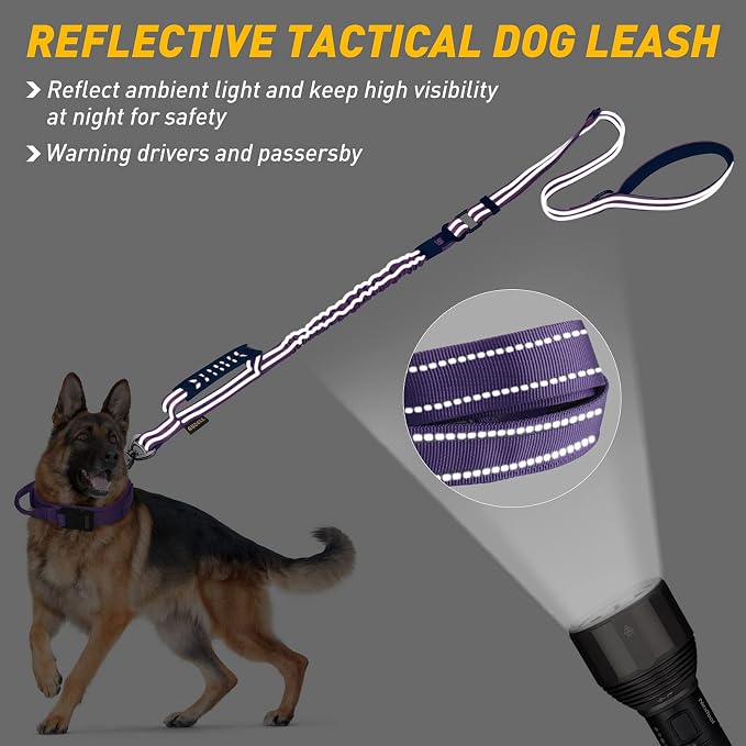 AUBELL Tactical Dog Leash Heavy Duty,4-6ft No Pull Bungee Leash,Purple | Reflective Dog Leash for Medium Large Dogs with Comfortable Padded Double Handle,Car Seat Belt,360 Degree Rotating Carabiner - Image 3