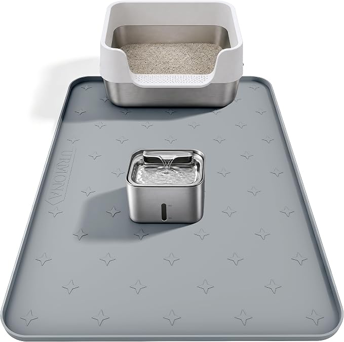 URMONA Cat Litter Mat & Dog Food Mat, 35 x 25 in Waterproof Silicone Tray | Raised Edge Tray for Pet Bowls and Litter Boxes, Helps Contain Water, Food and Litter to Protect Floors, Easy-Care Light Gray by URMONA