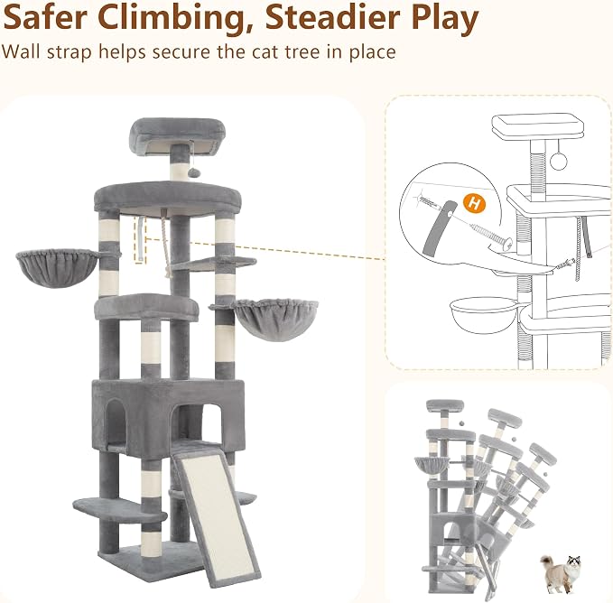 Heybly Cat Tree, 82.7″ Extra Tall Cat Tower for Large Cats Adult HCT063W | Giant Cat Condo with Multi-Level Platforms, 2 Baskets, Spacious Cat Cave, Wide Sisal Scratching Board, Light Gray - Image 6