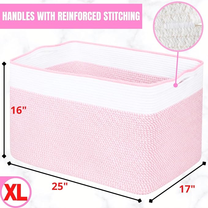 MINTWOOD Design 112L Extra Large Blanket Basket Holder Living Room, 25"x17"x16" Rectangle Rope Woven Storage Basket with Handles for Laundry, Towels, Shoes, Dog Toy Organizer Bin Box, Light Pink - Image 3