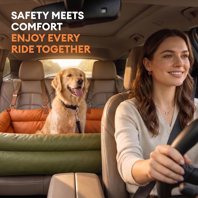 FUNNY FUZZY Leather Dog Car Seat for Large Size Dogs, Pet Booster Car Seats | Waterproof Car Seat with Safety Clip-On Leash, Soft Fabric Car Dog Bed Filling Memory Cotton, Washable Travel Pet Bed(Green) - Image 3
