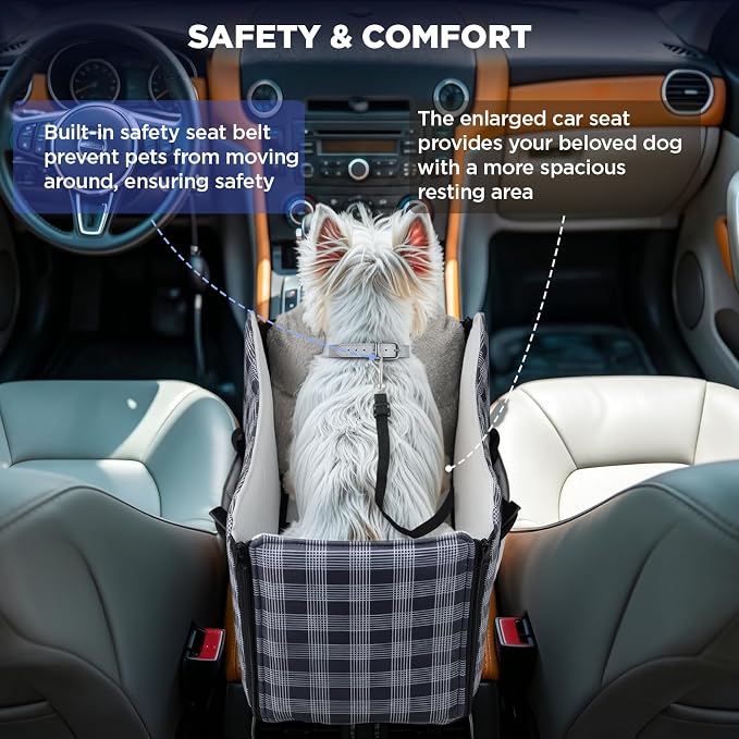 Center Console Dog Car Seat for Small Dogs-Washable Plaid Oxford Pet Booster Seat,Anti-Collapse Design with Soft Plush & Sturdy Support Board,Adjustable Safety Leash for Small Dogs & Cats up to 15 lbs - Image 5