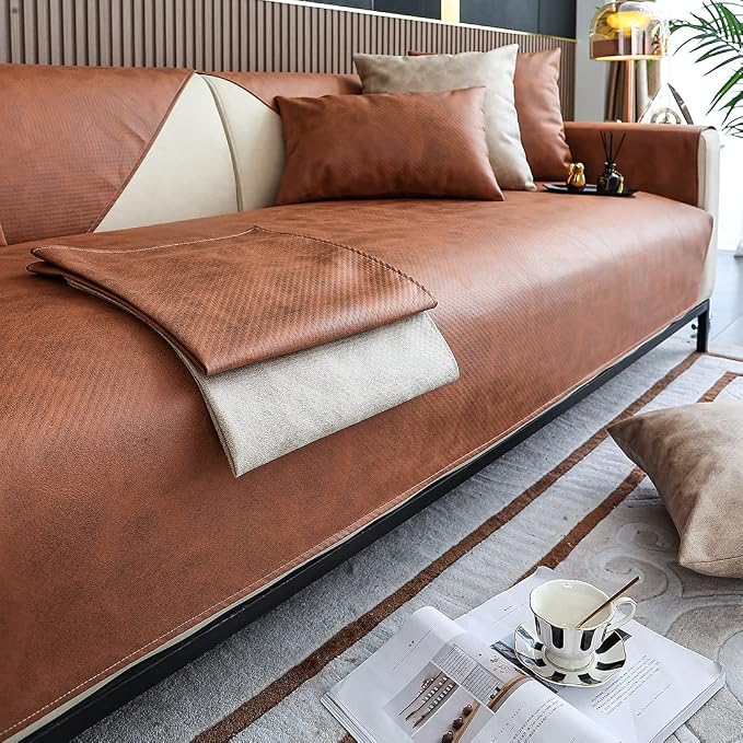 vctops Vintage Leather Look Sofa Cover Water Resistant Non-Slip Sectional Couch Cover Sofa Slipcover for Dogs, Children, Pets Furniture Protector (Coffee,36"x82") by vctops