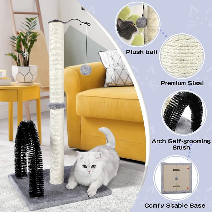 ANWA 32" Tall Cat Scratching Post with Arch Groomer, Natural Sisal, Gray | Natural Sisal Post for Indoor Cats Adults, Stable Cat Post with Plush Toys, Self-grooming Brush, Cat Furniture, Small Space - Image 3