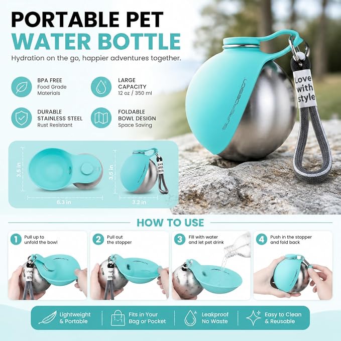 2-in-1 Portable Dog Water Bottle, 10 oz Stainless Steel with Foldable Bowl | Sealed lid, BPA-free silicone, carry strap, easy-rinse design for walks, hikes, and travel - Image 2