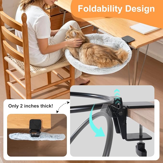 Uross Cat Desk Bed, Space Saving Desktop Folding Cat Hammock, Work from Home Office Cat Accessories for Indoor Cats, 2 Interchangeable Covers (Cozy Plush & Breathable Mesh) for All Seasons-Grey - Image 2