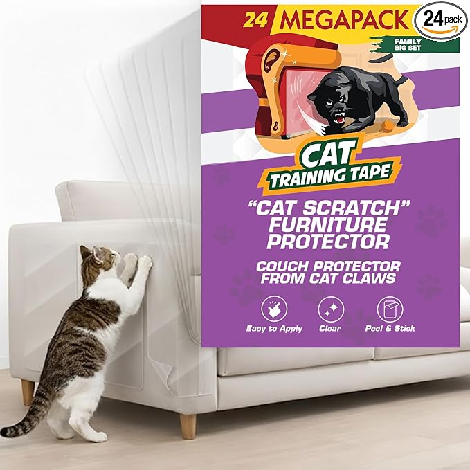 Panther Armor Cat Scratch Furniture Protector, 24 Double-Sided Tape Sheets | Double-sided sticky tape cats dislike touching. Clear couch, sofa and chair corner guard. 10 XL, 10 large, 4 medium by PantherArmor