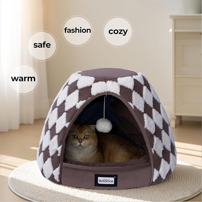 BALANCE Cat Beds for Indoor Cats, 2-in-1 Cat Bed Cave with Anti-Slip Bottom and Ultra-Soft Plush, Cozy Cats House Tent for Kittens and Small Dogs, 19 Inches, Dark Brown - Image 8