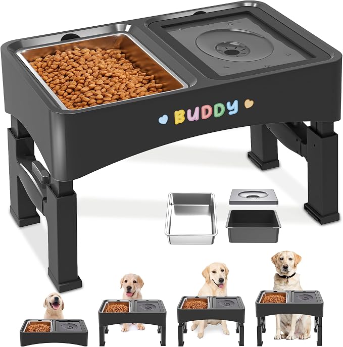 Decflow 2-in-1 Elevated Dog Bowls with 4 Height Adjustable Raised Stand | 304 Stainless Steel Dog Food Bowl, No Spill Water Bowl, DIY Stickers, Anti-Slip Pet Feeder Set for Small, Medium & Large Dogs by Decflow