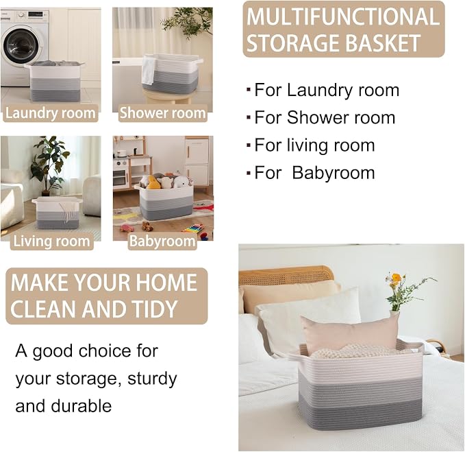 OIAHOMY Woven Blanket Basket Laundry Basket Dog Toy Basket Gradient Grey | Large Storage Basket,Baby Basket,Toy Storage,Woven Rope Basket for Blankets,Blanket Storage for Living Room - Image 4