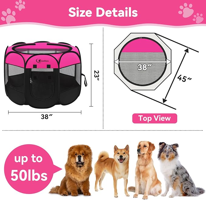 Siedihit Dog Cat Playpen, Large Puppy Pet Playpen, Dog Crate Tent Cage | Indoor/Outdoor, Portable Pop Up Dogs Kennel Playpen with Carrying Case for Dogs/Cats/Rabbits, Hot Pink - Image 3