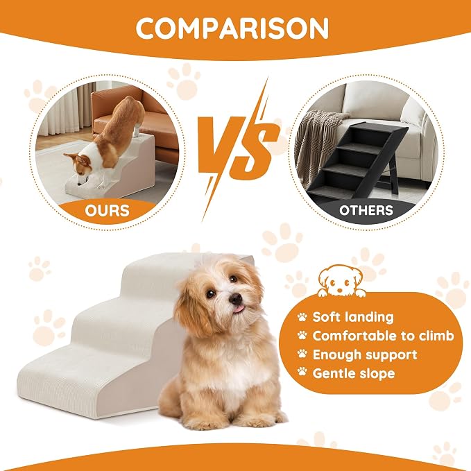 Dog Stairs for Small Dogs 15.7" H, Dog Ramp for Bed, 3-Step, Beige | Dog Steps for Bed, Couch, Pet Stairs with Non-Slip Bottom Design, Cat Scratching,High Density Foam Portable Pet Steps, Indoor - Image 4