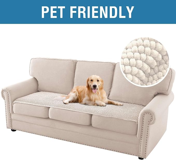 H.VERSAILTEX Plush Chenille Couch Cover for 3 Cushion Couch Anti Slip Washable Sofa Slipcovers Soft and Durable Furniture Protector for Dogs Cats Kids (27.5" x 82", Ivory) - Image 2