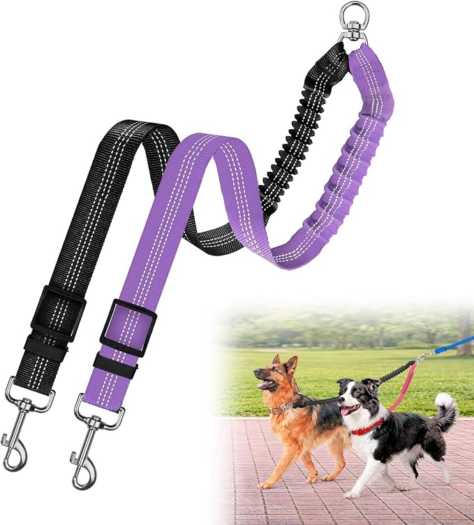 Double Dog Leash for Two Dogs, Professional No Tangle 360° Swivel Coupler with Shock Absorbing Bungee, Adjustable Length Dual-Sided Reflective Two Dogs Lead Splitter for Small Medium Large Dog by Caldzur