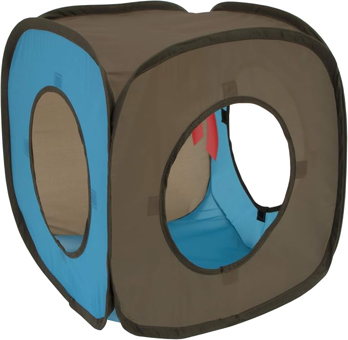 Kitty City Pop-Up Rolling Cat Cube & Tunnel Toy, Collapsible Indoor Cat Play Cube with Peekaboo Openings & Hanging Tassel, Lightweight Foldable Cat Furniture - Blue/Brown by KittyCity