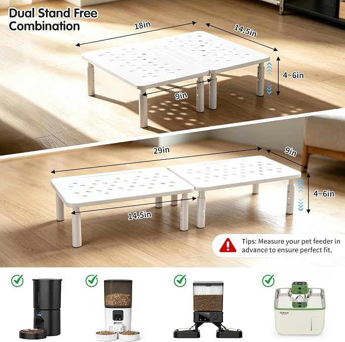 2 Pack Cat Food Stands, White Adjustable Stand for Cats & Dogs | Cat Feeder Stand, Pet Food Stand, 3 Adjustable Heights, 14.5 x 9 in Metal Stand, For Feeders & Waterers, Non-Slip Feet - Image 2