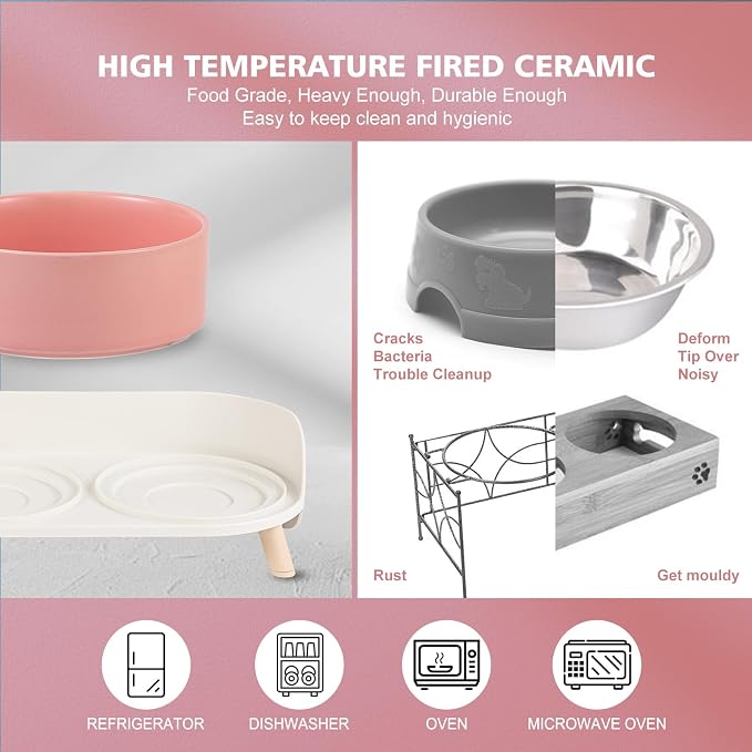 Raised Cat Food and Water Bowl Set - Elevated Ceramic Dishes with Non-Slip Stand and Splash Guard for Small Dogs - 2 x 320 ML (4.9 OZ) - Pink - Image 6