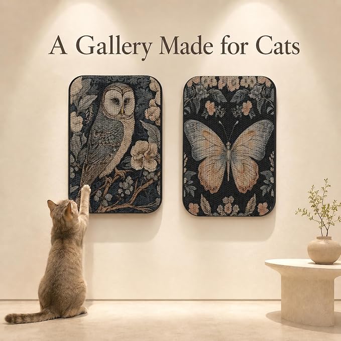 2 Pack Cat Wall Scratcher, Art Cat Scratching Board for Cats | Wall Mounted Cat Scratch Pad, Water-Based Ink, Hook&Loop Strips, Floor or Wall Use, 16.7x11x1 Inch, Owl & Butterfly - Image 6