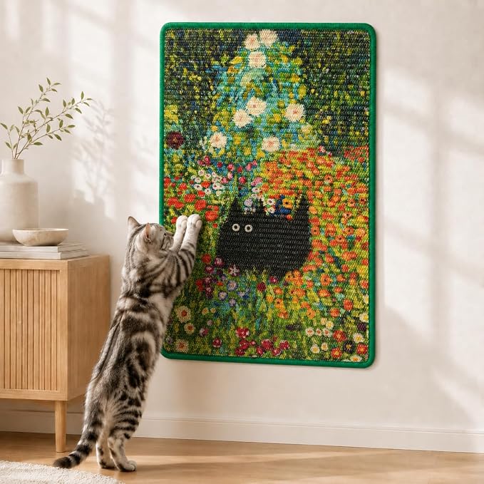 Art Sisal Cat Scratcher Mat, Cat Wall Scratchers for Indoor Cats | Wall Mounted Cat Scratcher, Natural Sisal, No-Drill Hook & Loop Setup, Floor or Wall Use, 23.6 x 15.7 Inch, Flower Garden by LESISSMER