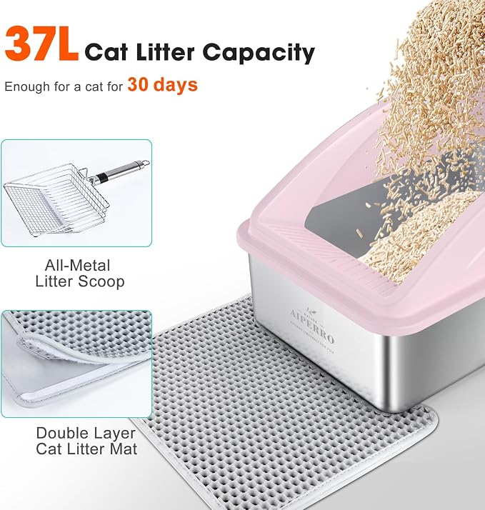 AIPERRO Stainless Steel Litter Box | XL Metal Cat Litter Boxes with Lid | Enclosed High Sided for Big Cats | Anti-Urine Leakage, Non-Stick, Easy to Clean with Litter Mat & Metal Scoop | Cute Pink - Image 6